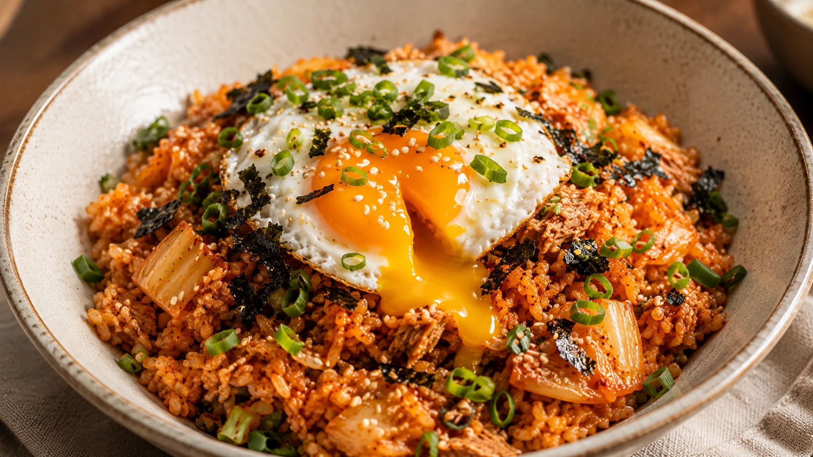 Finished kimchi tuna fried rice plated with basted egg spring onions nori