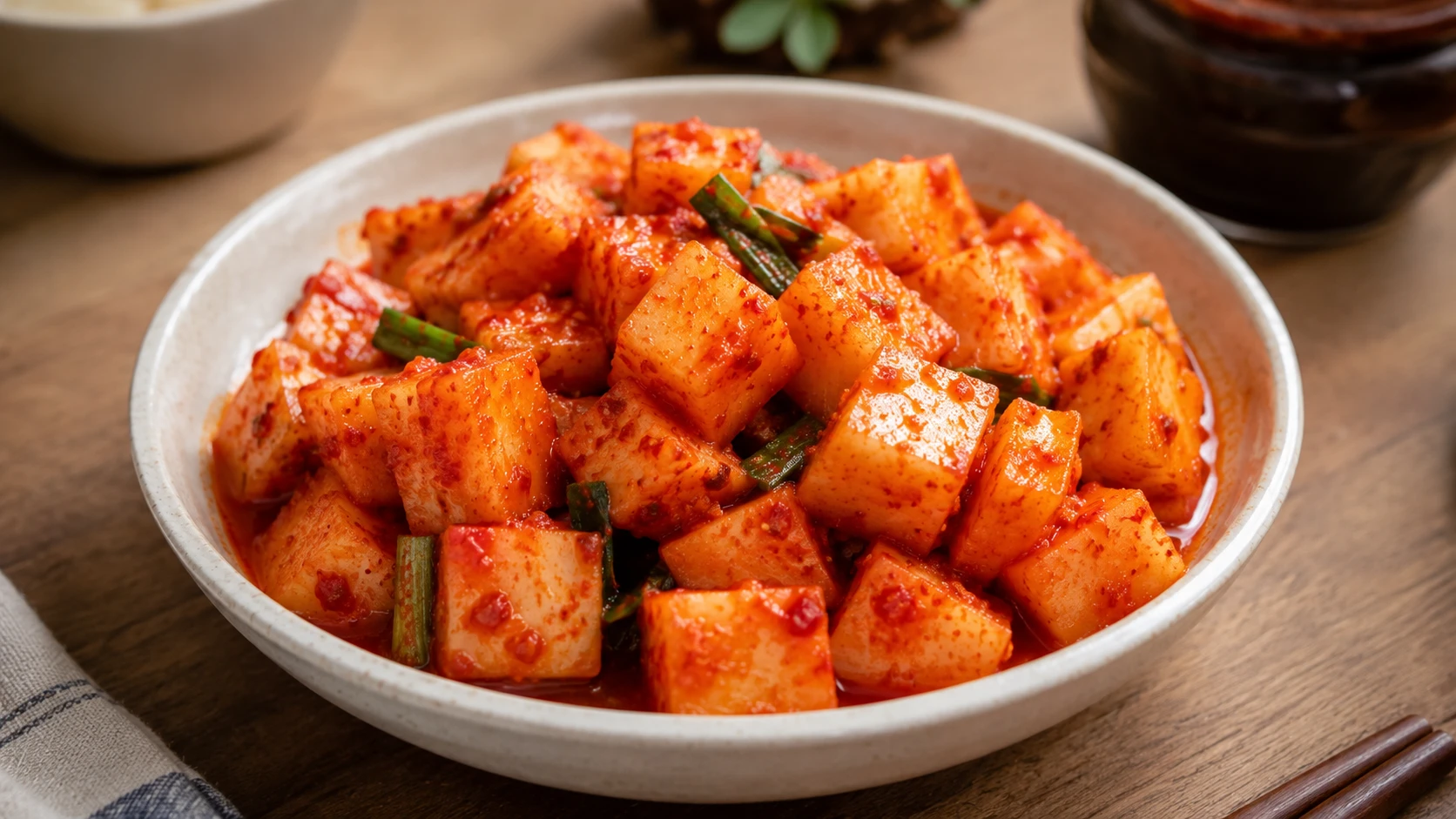 Kkakdugi, cubed Korean radish kimchi, in a bowl