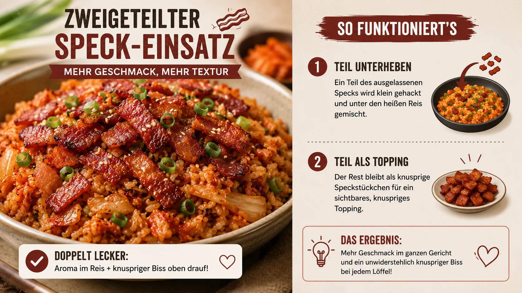 Knusprige Speckstückchen als Topping auf Kimchi Bratreis