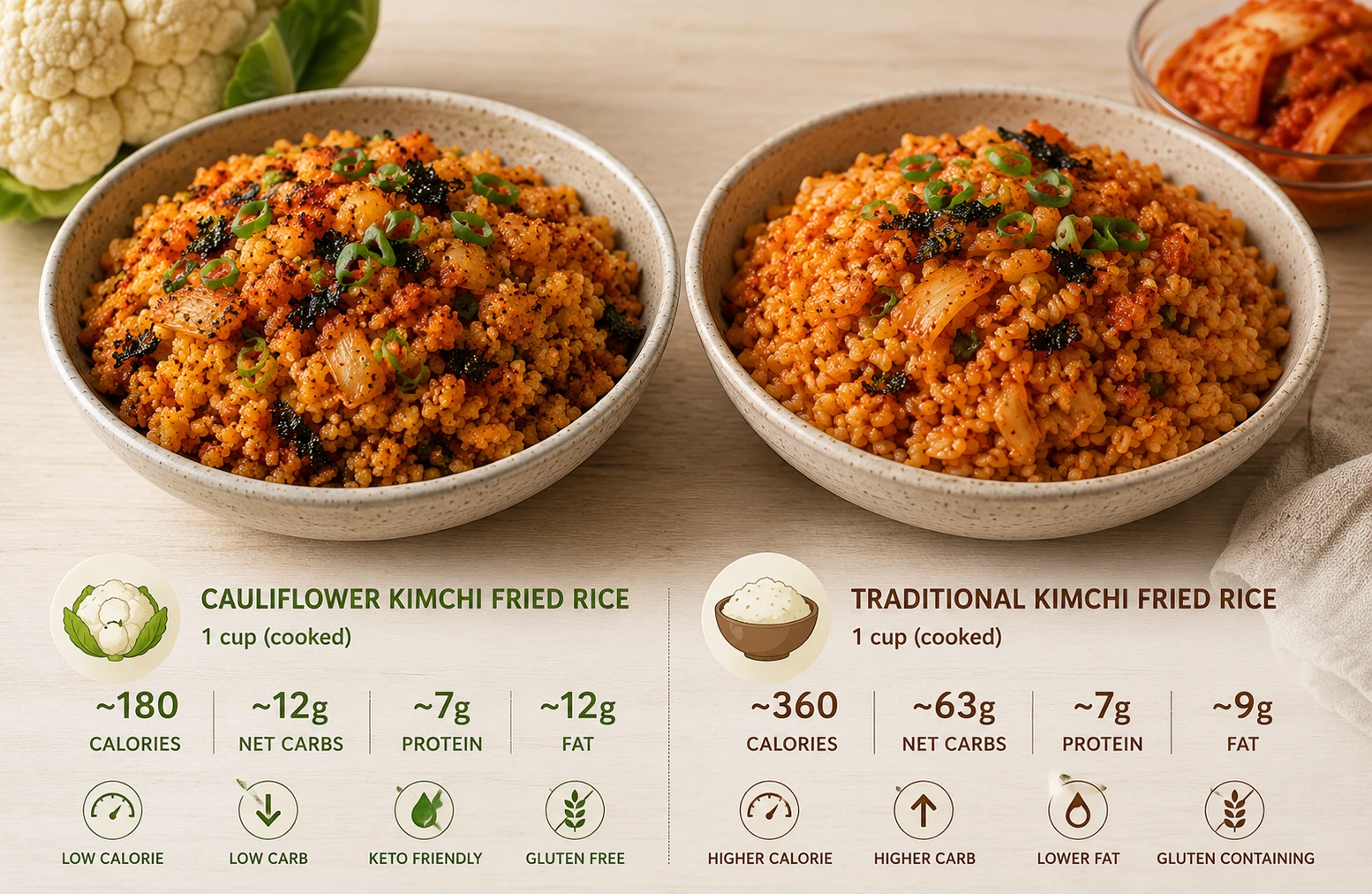 Low carb calorie comparison cauliflower versus grain rice kimchi fried rice nutrition