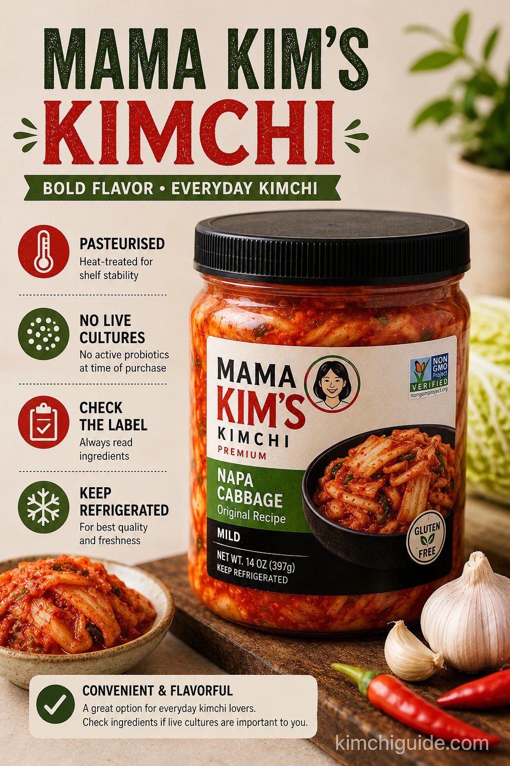 Mama Kims Kimchi jar pasteurised no live cultures kimchi brand
