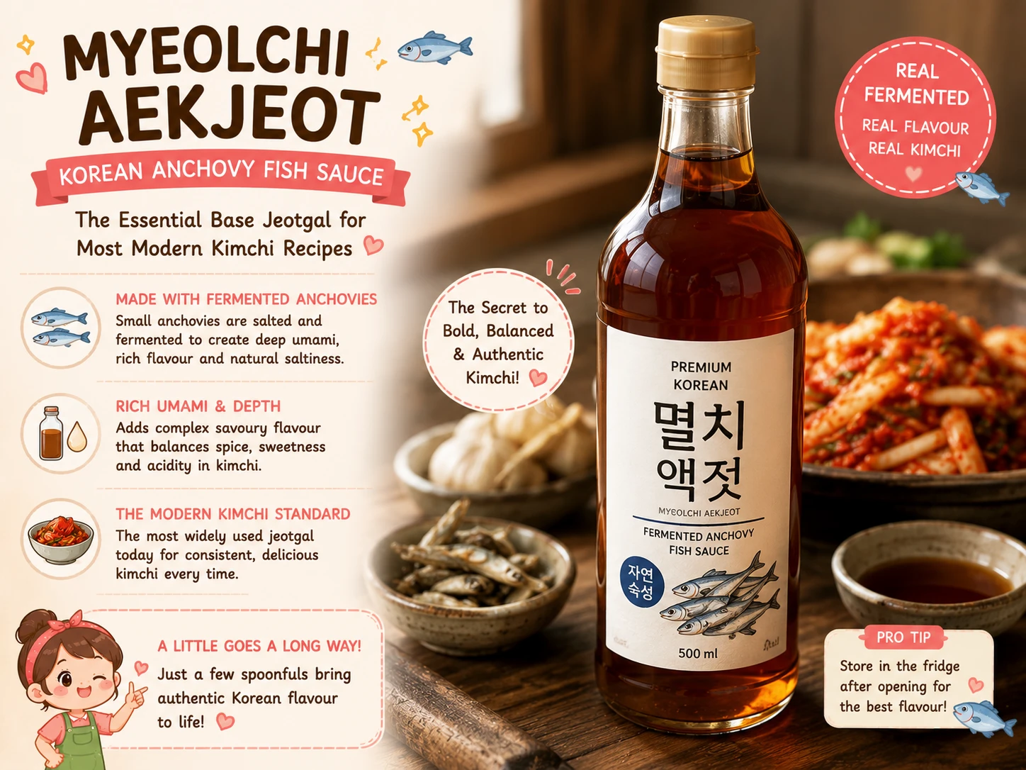 A bottle of myeolchi-aekjeot, Korean fermented anchovy fish sauce, used as the base jeotgal in most modern kimchi recipes