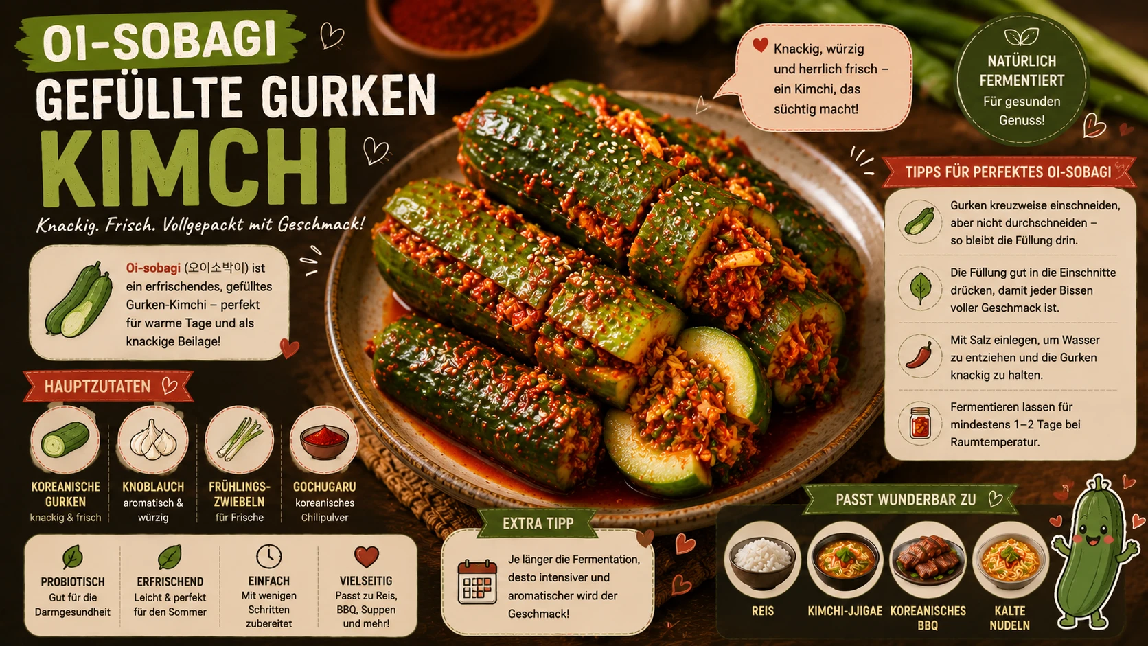 Oi-sobagi, gefülltes Gurken-Kimchi, aufgeschnitten mit sichtbarer Füllung