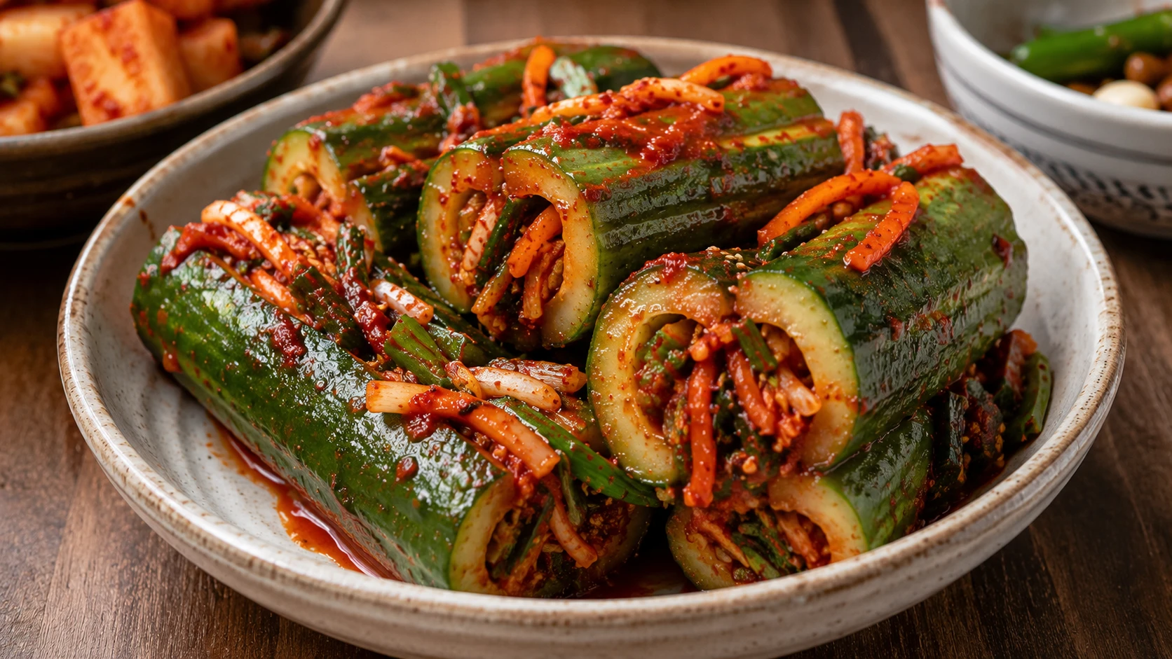 Oi-sobagi, stuffed cucumber kimchi, sliced open showing the filling