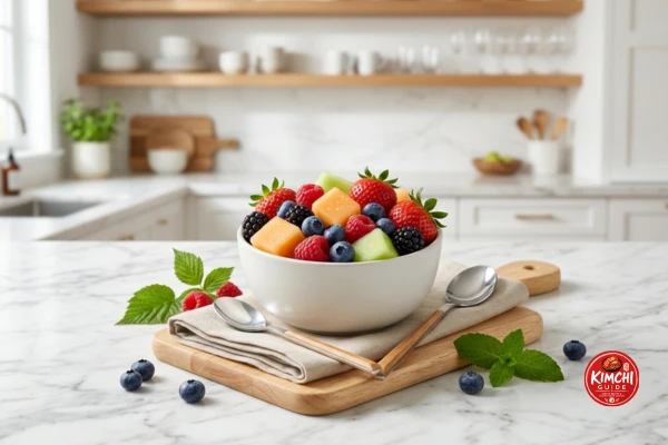 Fresh sliced melon and berries fruit bowl pairing kimchi breakfast bowl