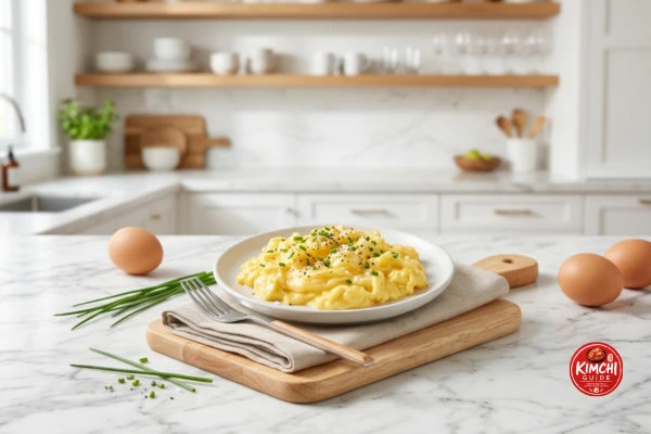 Soft scrambled eggs extra protein side pairing kimchi breakfast bowl