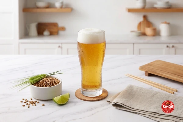 Cold Korean beer Hite Cass pairing with classic kimchi fried rice