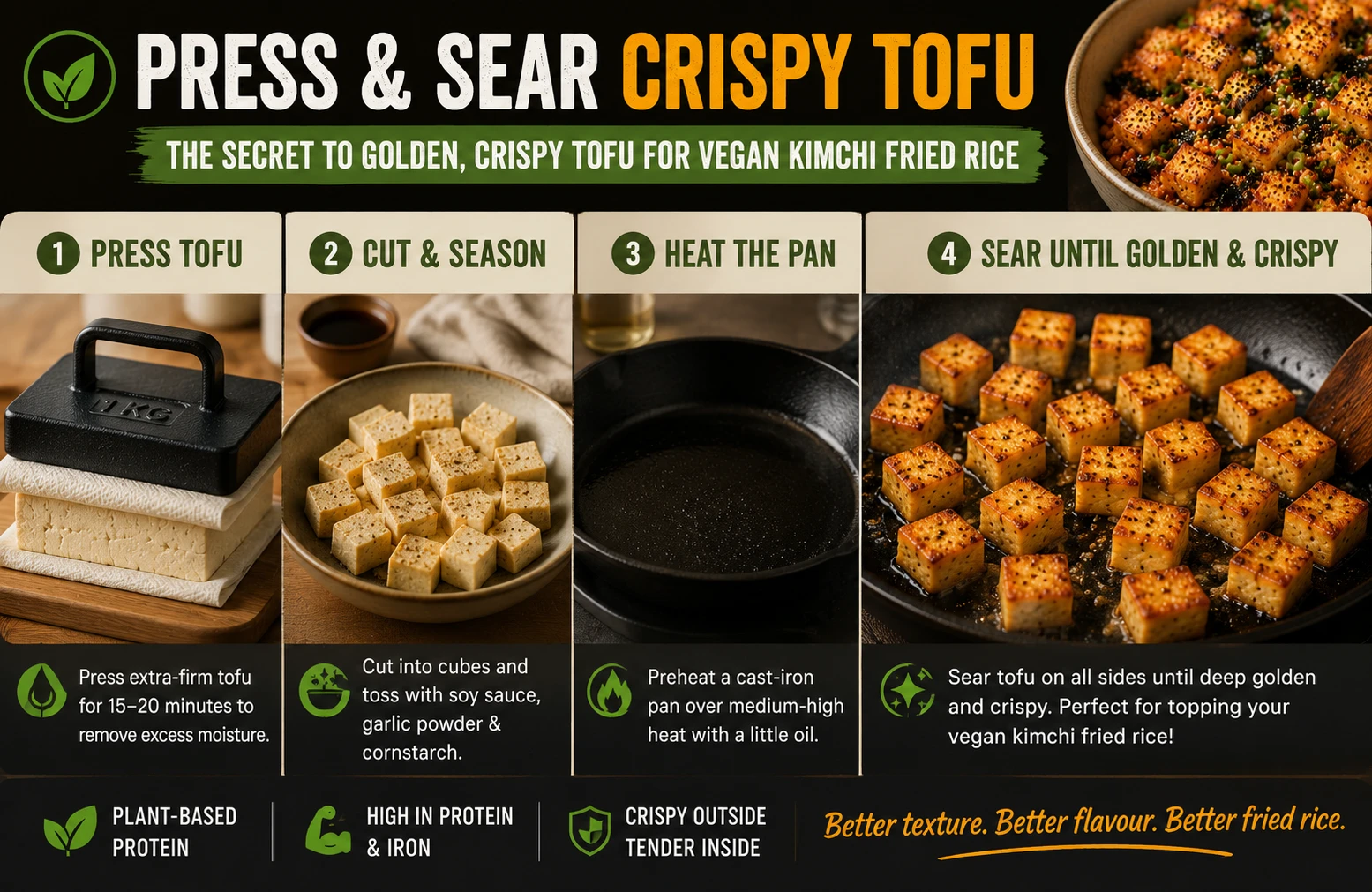 Press and sear crispy tofu method golden cubes cast iron pan vegan kimchi fried rice