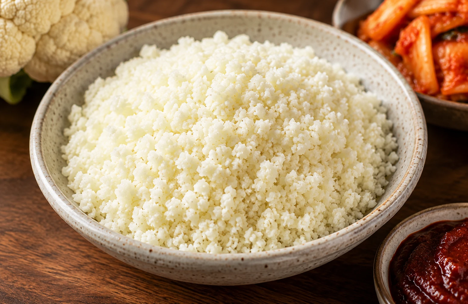 Riced cauliflower neutral flavour canvas absorbing kimchi gochujang seasoning