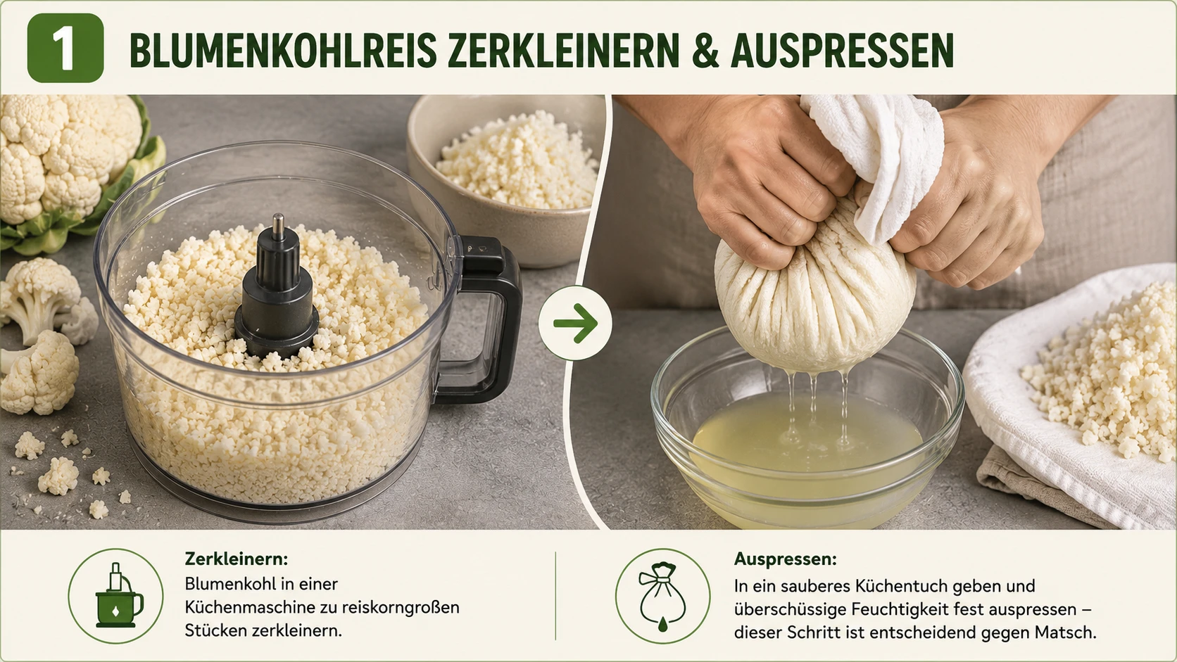 Blumenkohlreis wird zerkleinert und Feuchtigkeit ausgepresst