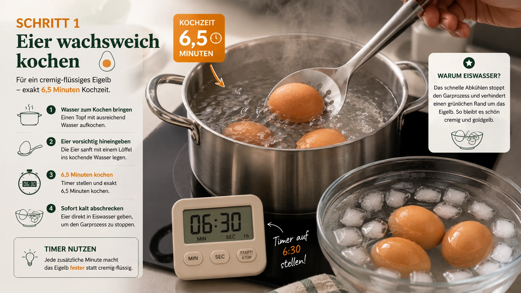 Eier werden für exakt 6,5 Minuten wachsweich gekocht