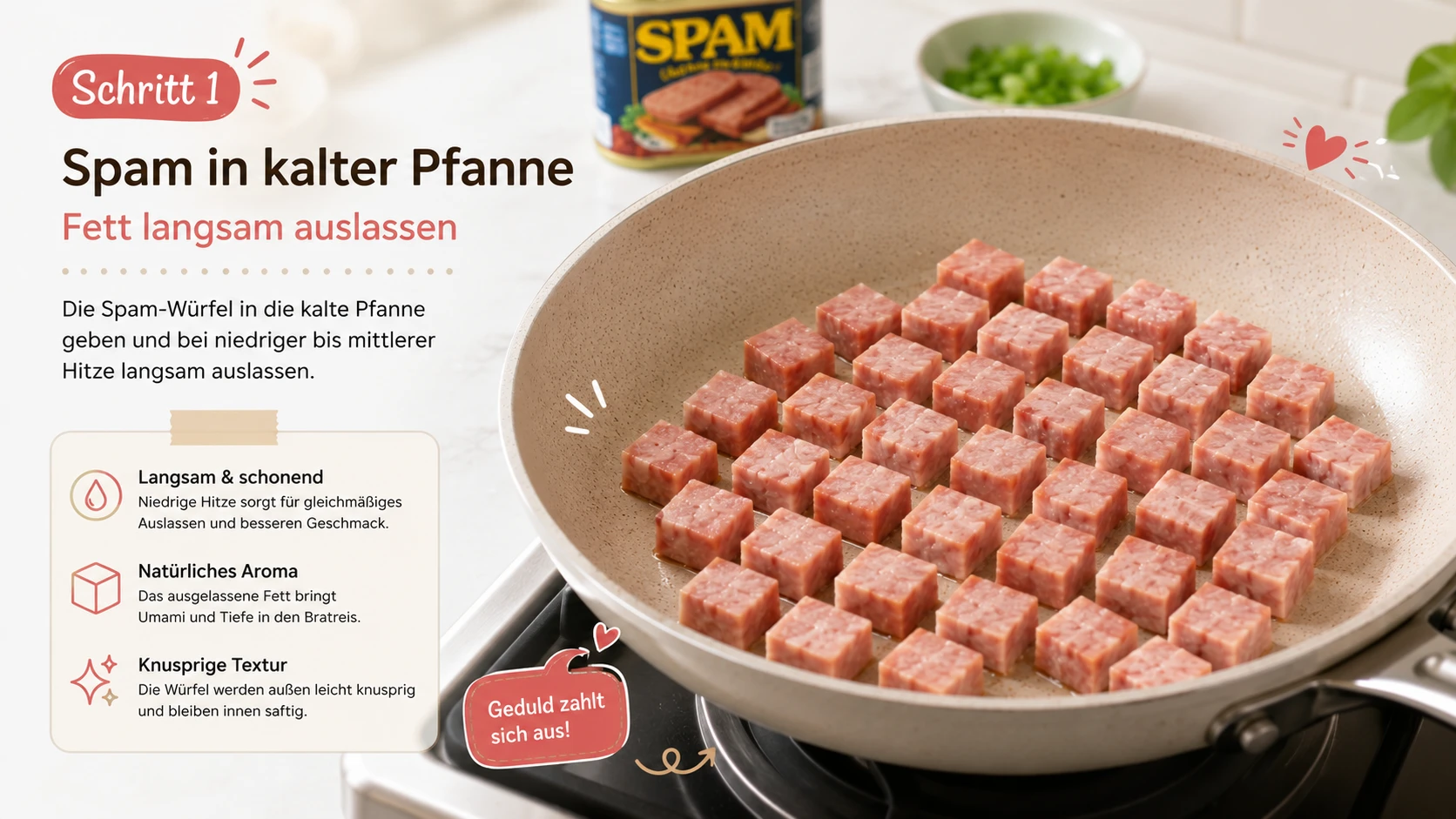 Spam-Würfel in kalter Pfanne, bereit zum langsamen Auslassen des Fetts