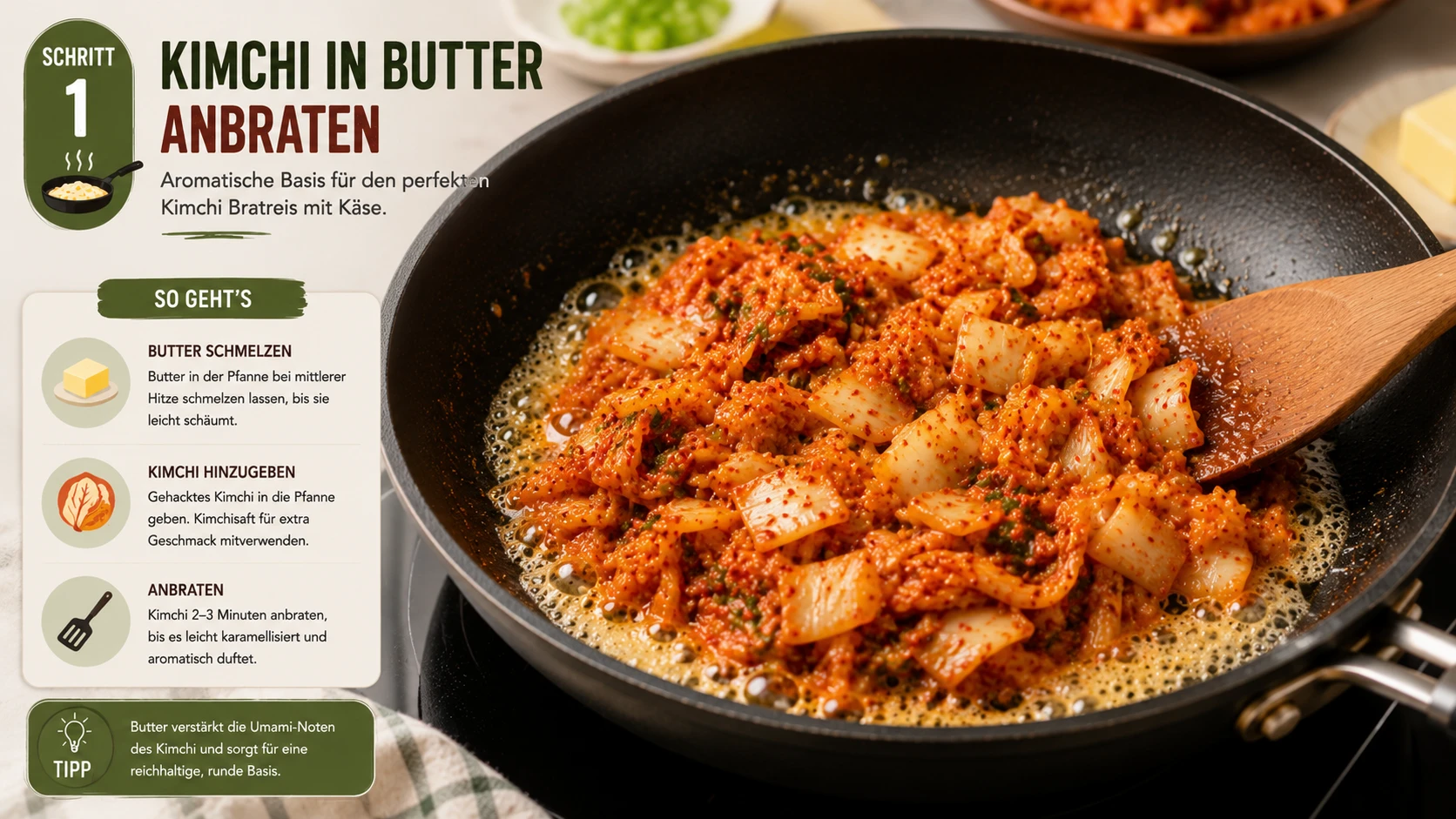 Kimchi wird in schmelzender Butter angebraten