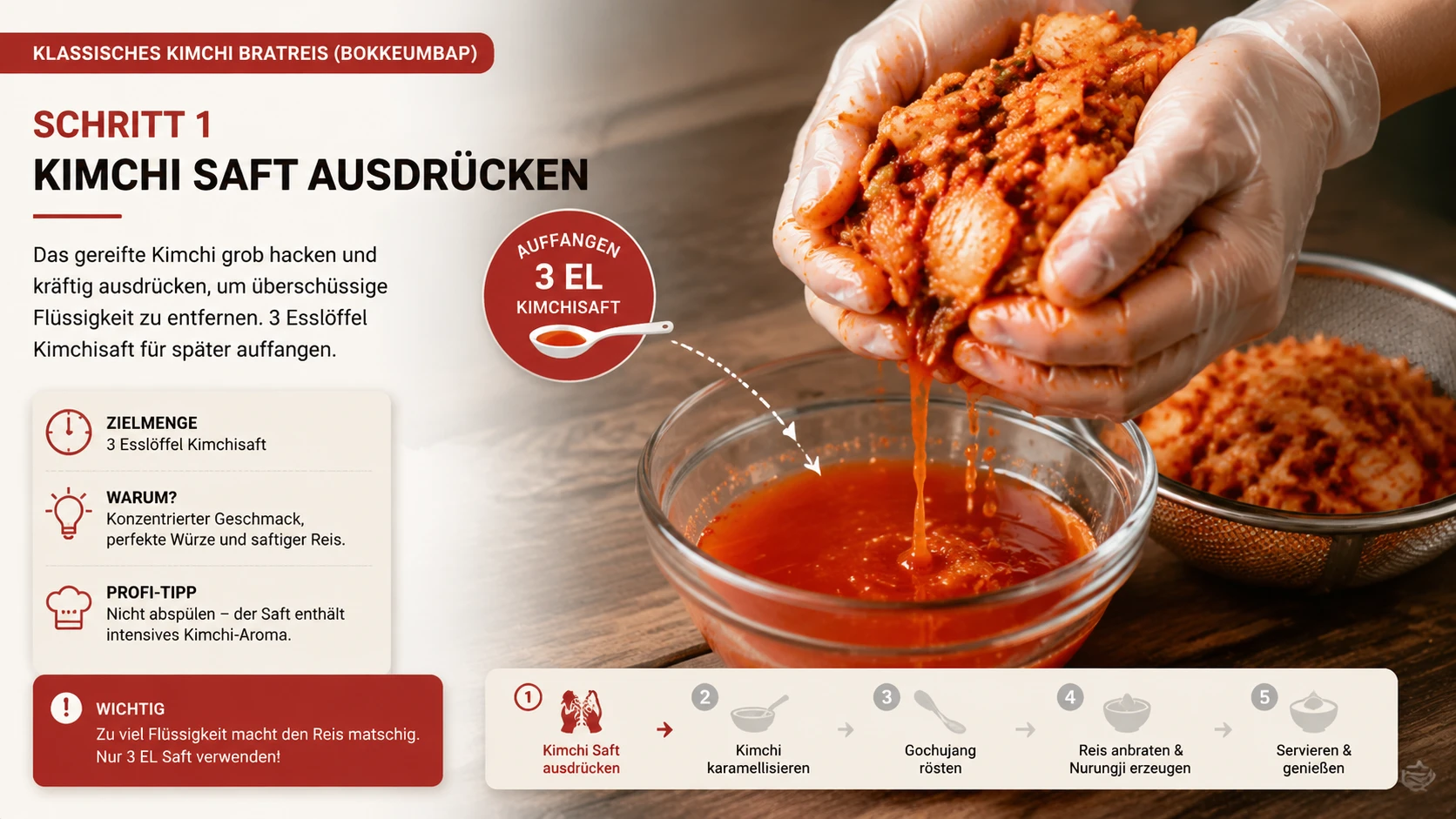 Grob gehacktes, gereiftes Kimchi wird über einer Schüssel ausgedrückt, um 3 Esslöffel Kimchisaft aufzufangen — Schritt 1 klassisches Bokkeumbap