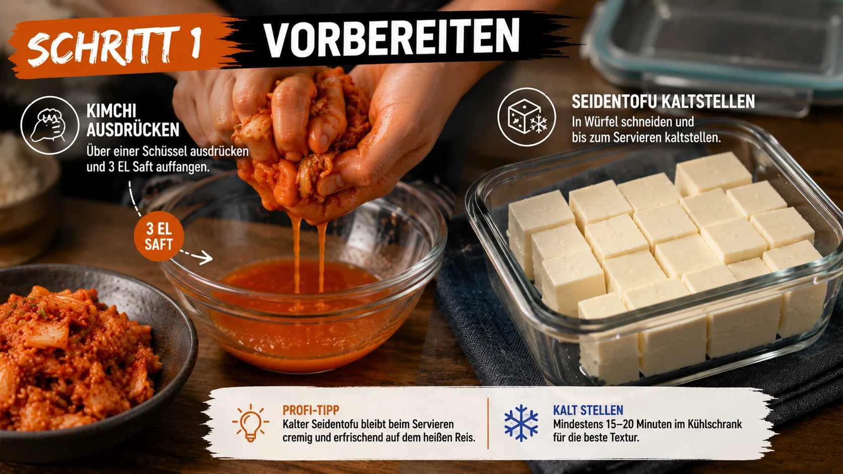 Seidentofu wird gewürfelt und kaltgestellt, Kimchi wird ausgedrückt