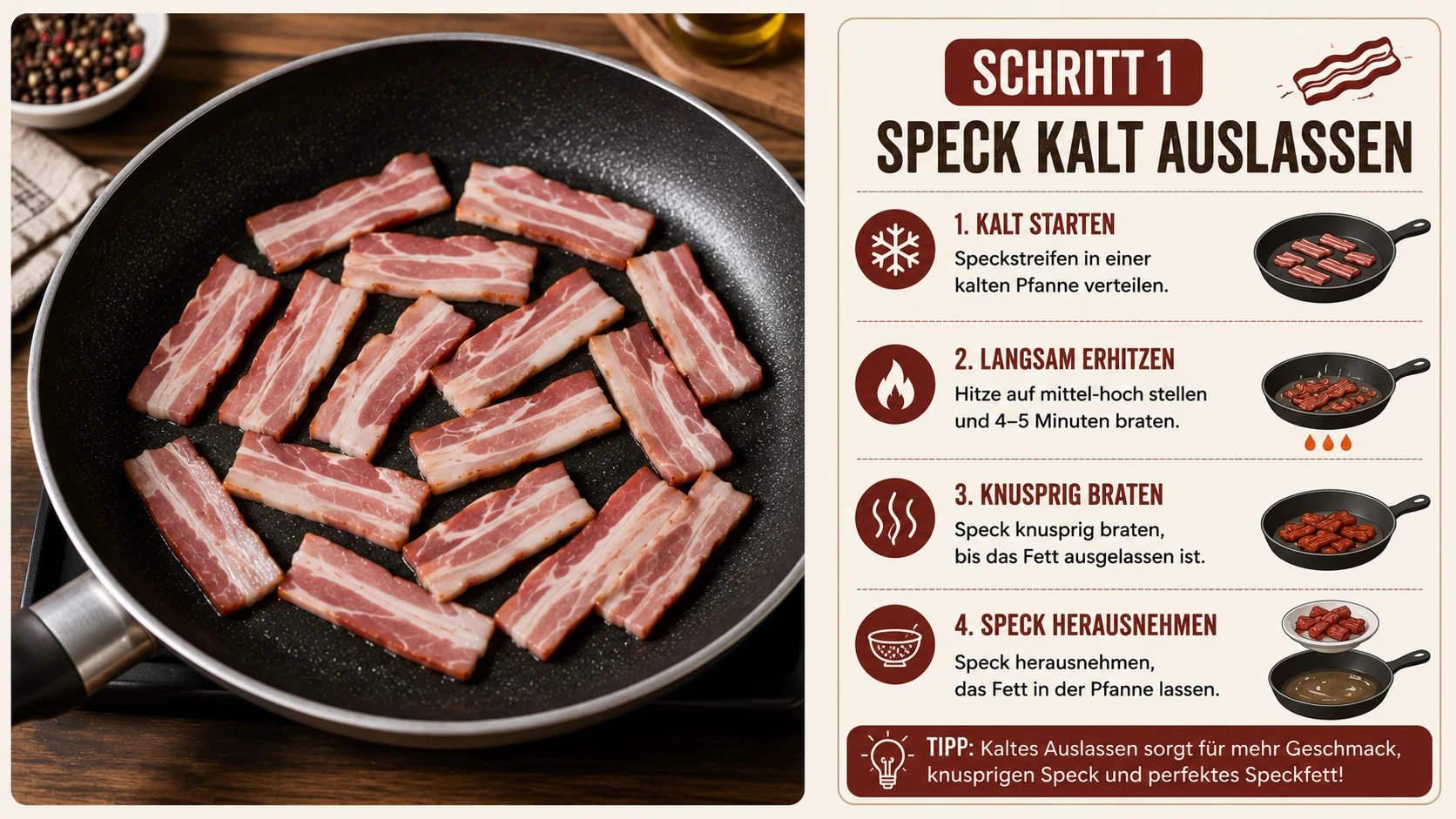 Speckstreifen in kalter Pfanne, bereit zum kontrollierten Auslassen des Fetts
