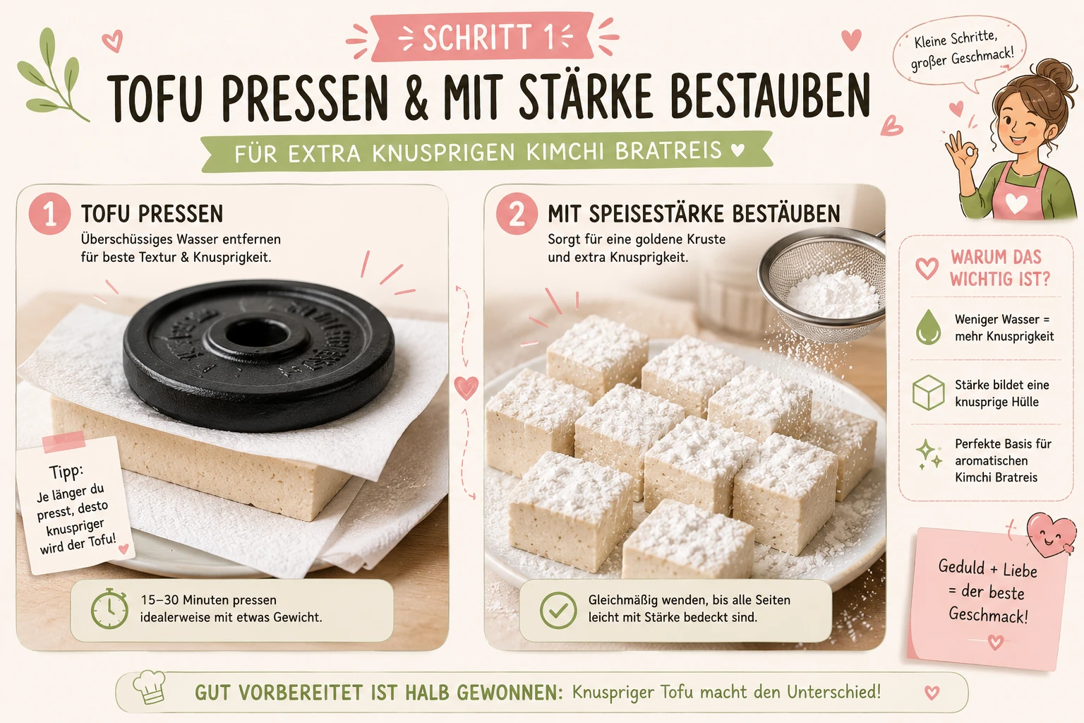 Tofu wird gepresst und mit Speisestärke bestäubt
