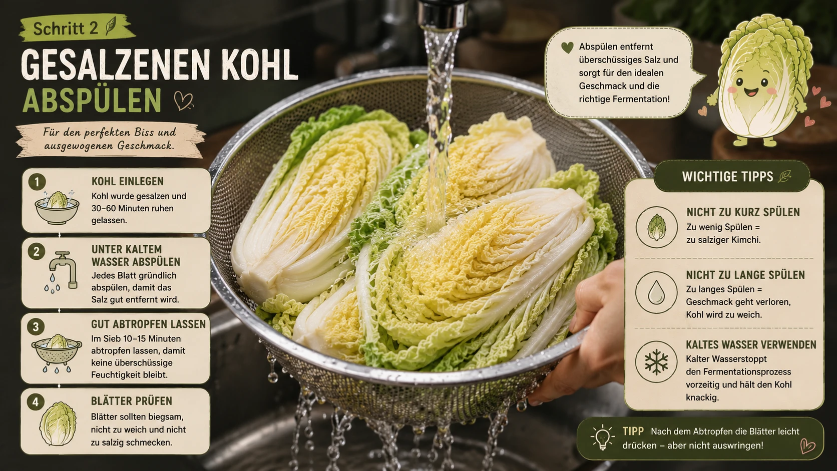 Gesalzener Kohl wird unter kaltem fließendem Wasser in einem Sieb abgespült