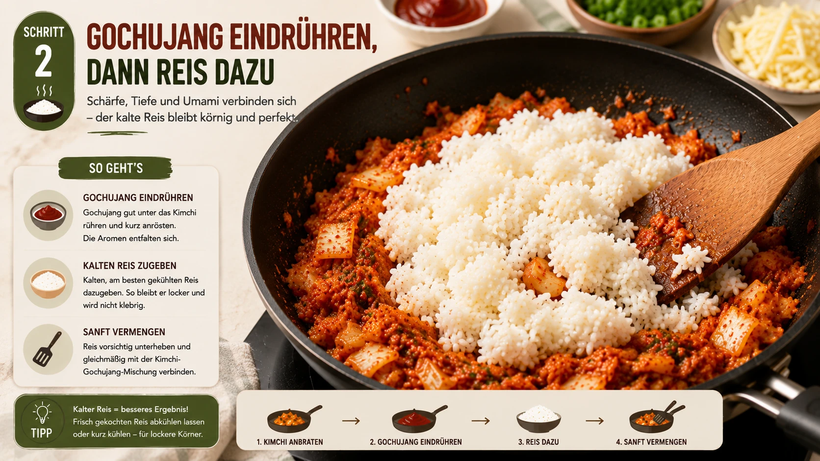 Gochujang wird eingerührt, dann kommt kalter Reis dazu