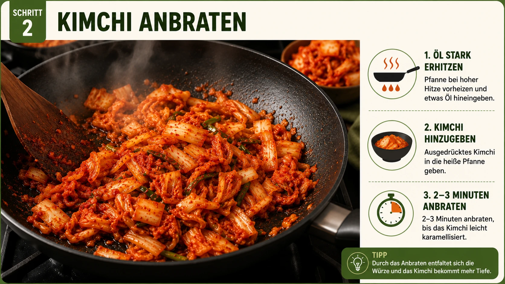 Kimchi wird in der Pfanne angebraten für Kimchi-Blumenkohl-Bratreis