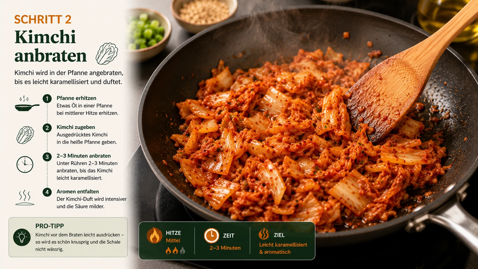 Kimchi wird für die Frühstücksschale in der Pfanne angebraten