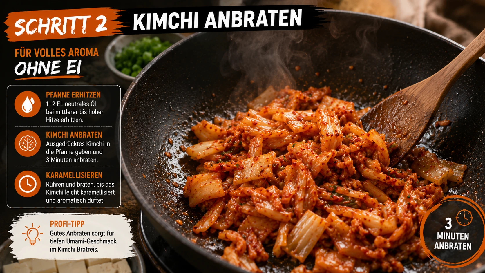 Kimchi wird in der Pfanne angebraten für Kimchi Bratreis ohne Ei