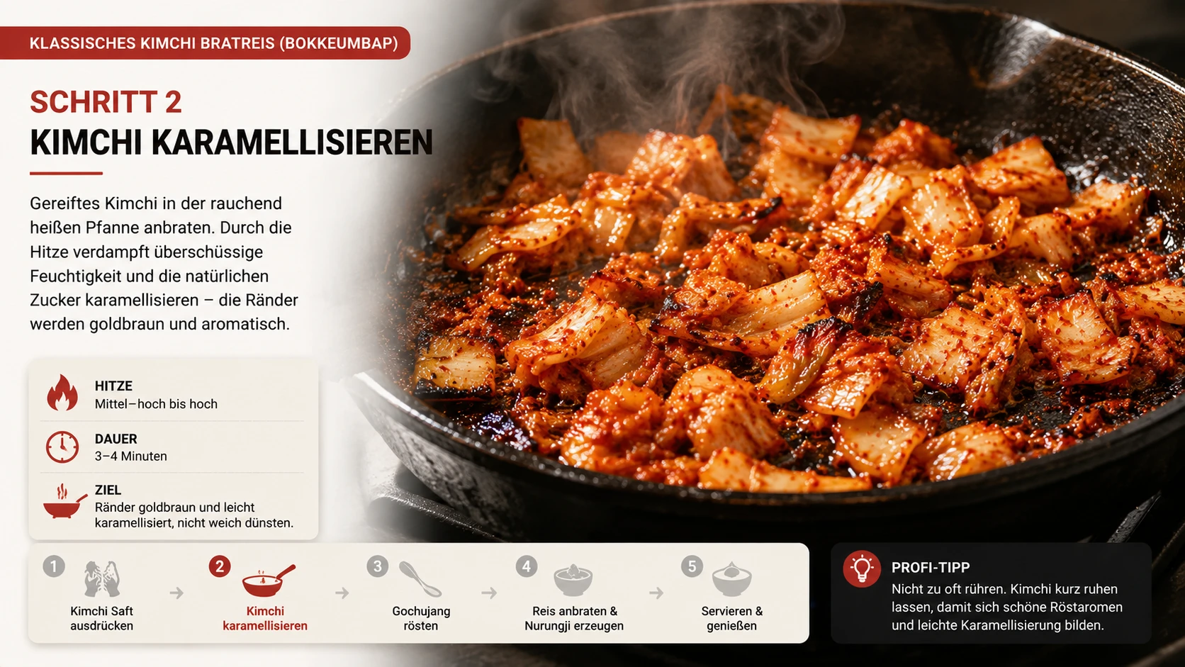 Gereiftes Kimchi karamellisiert in der rauchend heißen Gusseisenpfanne — Ränder werden goldbraun, Schritt 2 des klassischen Bokkeumbap