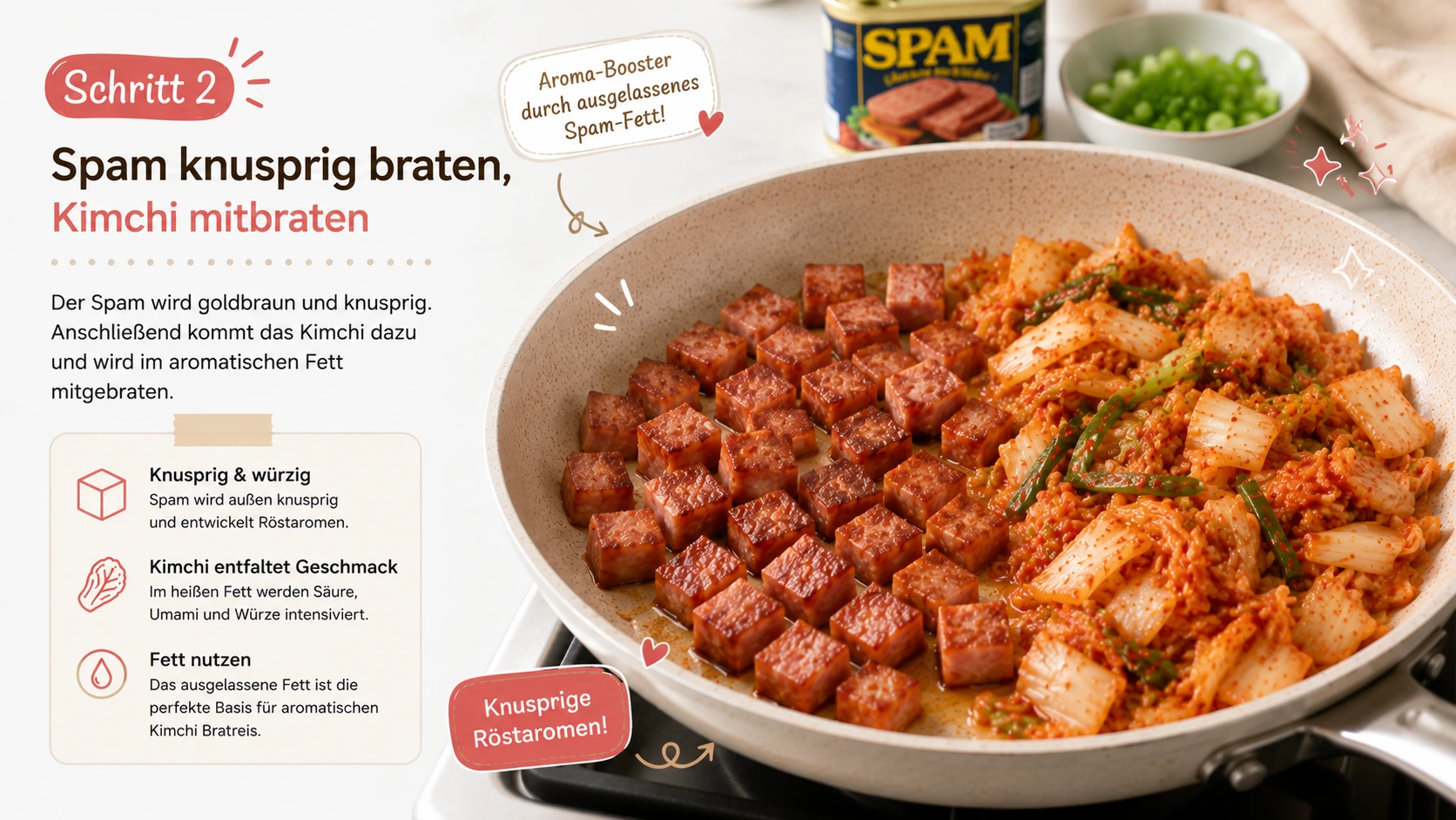 Spam knusprig gebraten, Kimchi wird im ausgelassenen Fett mitgebraten