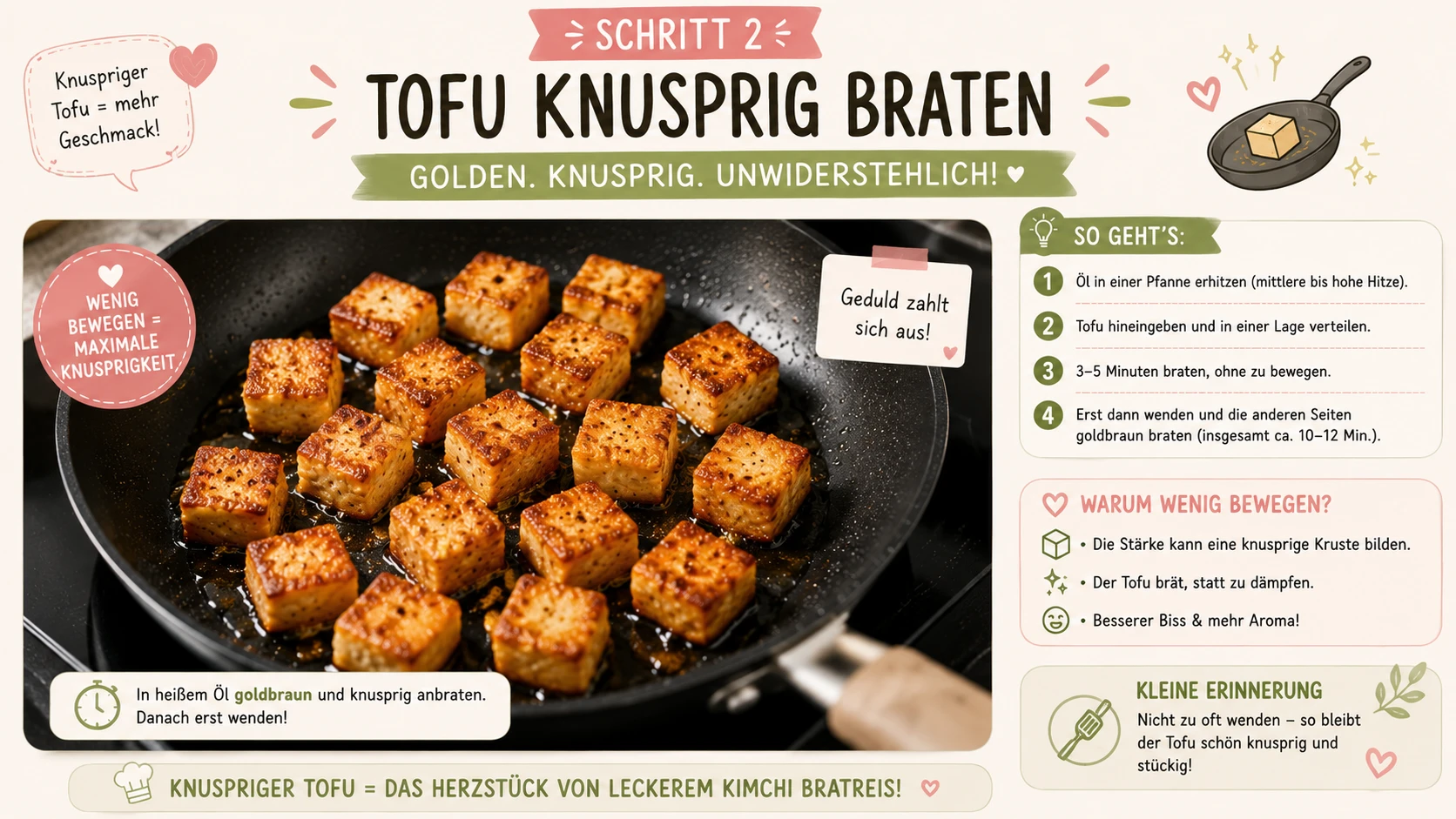 Tofu wird in heißem Öl knusprig gebraten, ohne viel bewegt zu werden