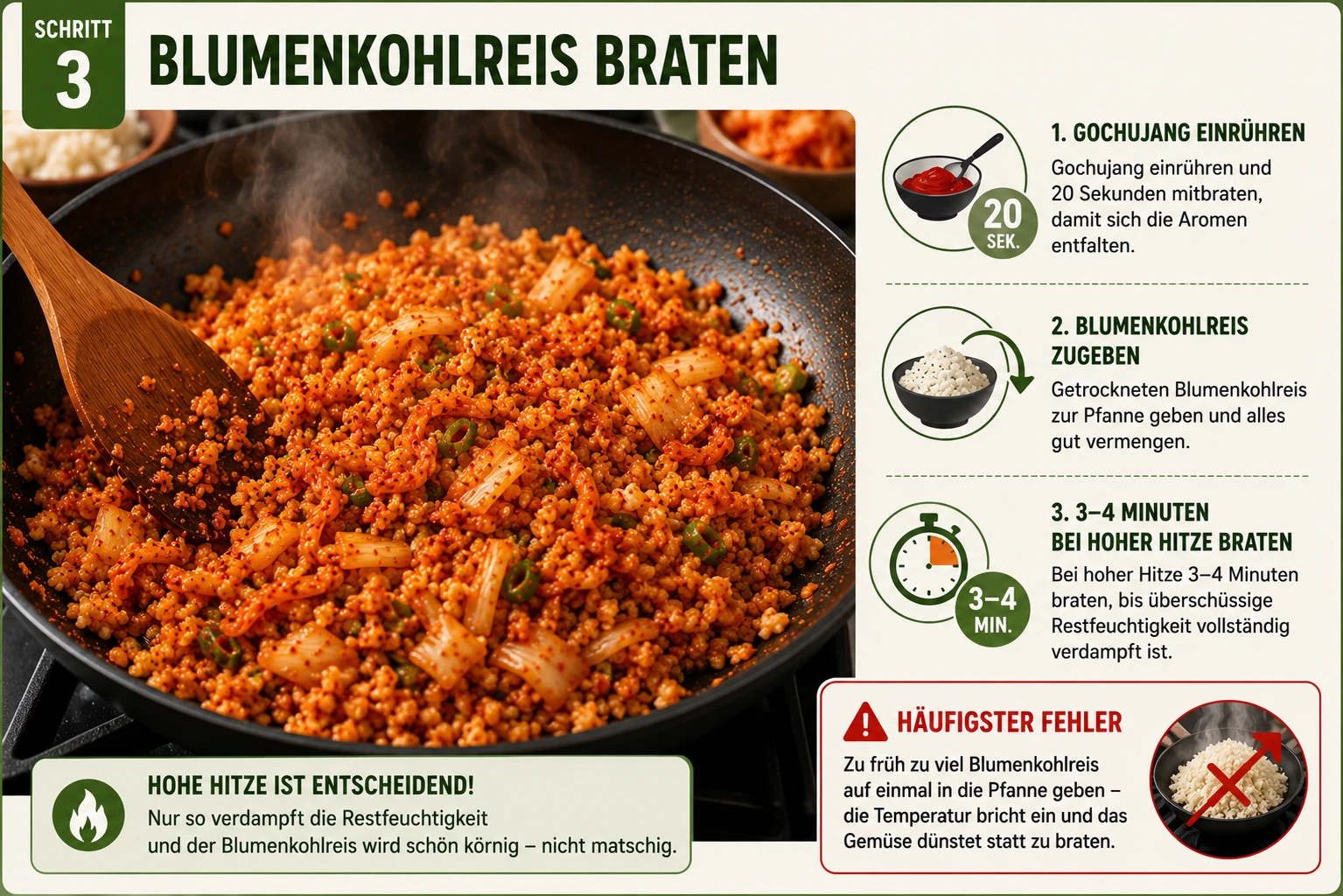 Blumenkohlreis wird bei hoher Hitze gebraten, bis Restfeuchtigkeit verdampft ist