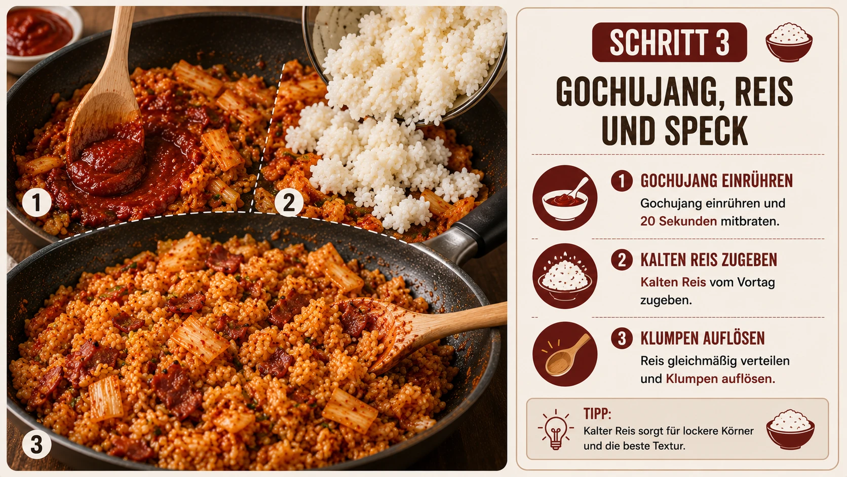 Gochujang wird eingerührt, dann kommt kalter Reis dazu