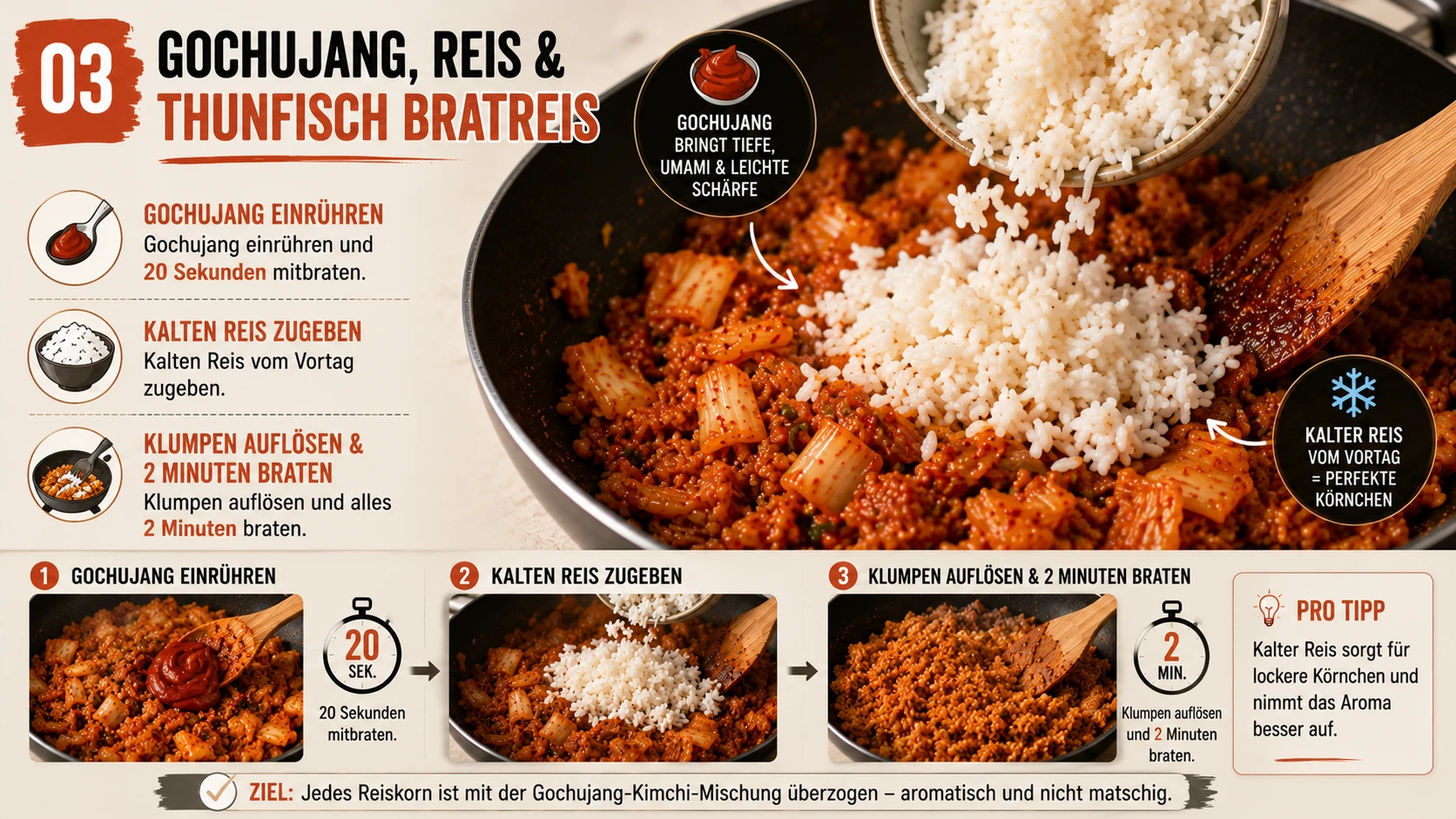 Gochujang wird eingerührt, dann kommt kalter Reis in die Pfanne