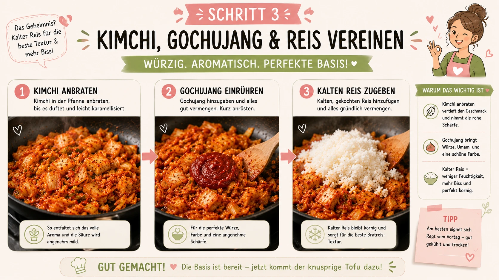 Kimchi wird angebraten, Gochujang eingerührt, dann kalter Reis zugegeben