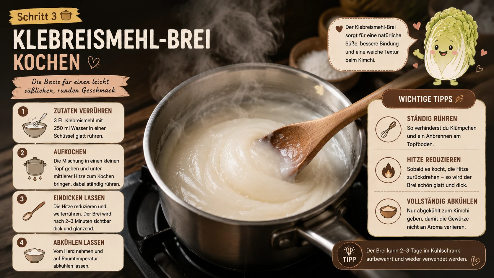 Süßer Klebreismehl-Brei köchelt und wird in einem kleinen Topf dickflüssig