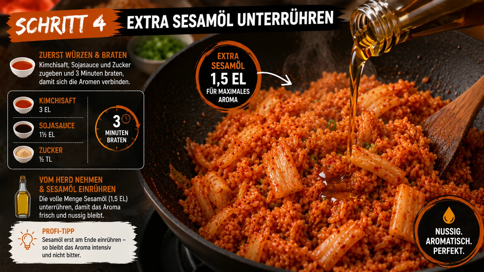 Erhöhte Menge Sesamöl wird in Kimchi Bratreis ohne Ei eingerührt