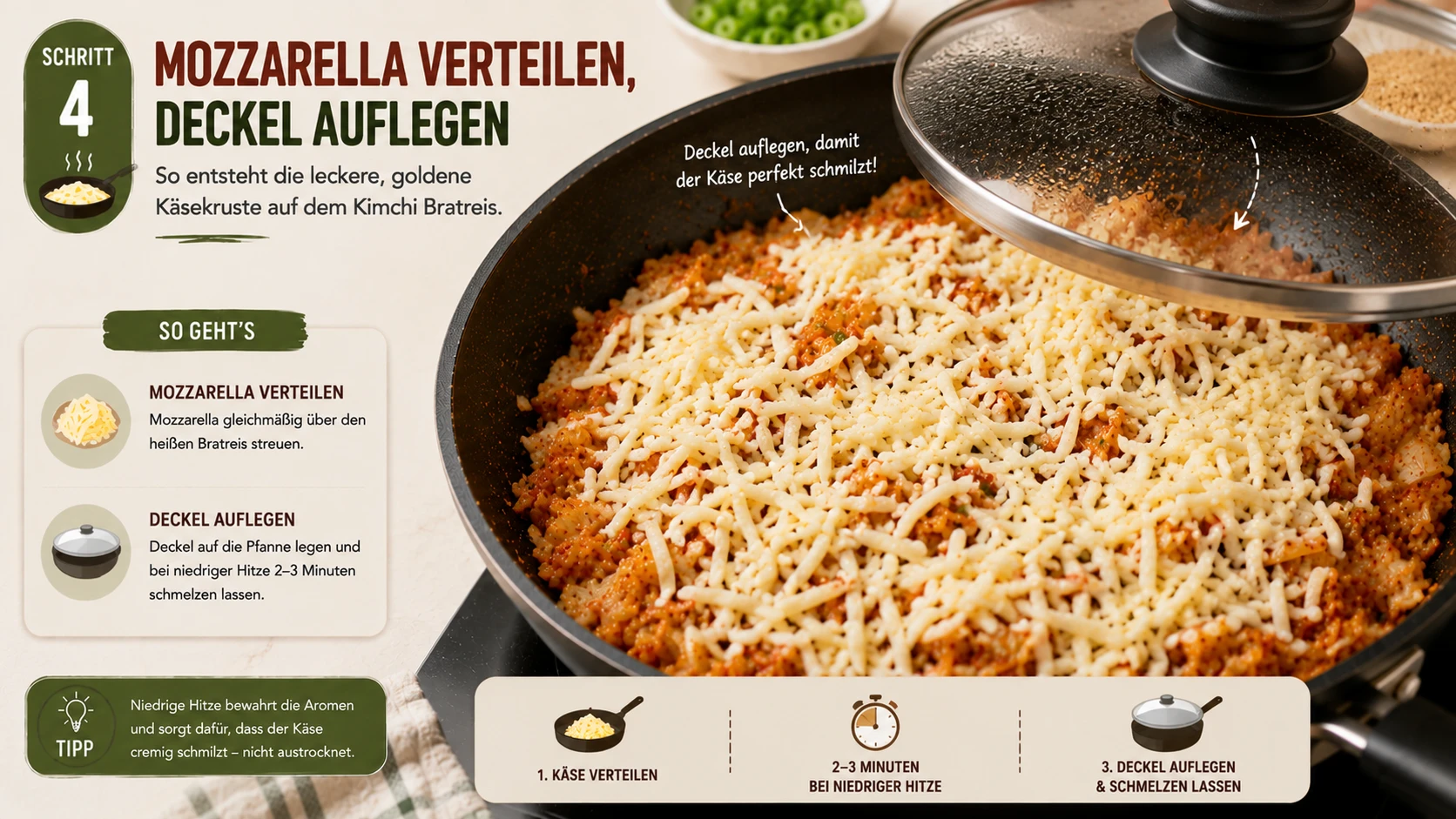 Mozzarella wird auf dem Bratreis verteilt, Deckel wird aufgelegt