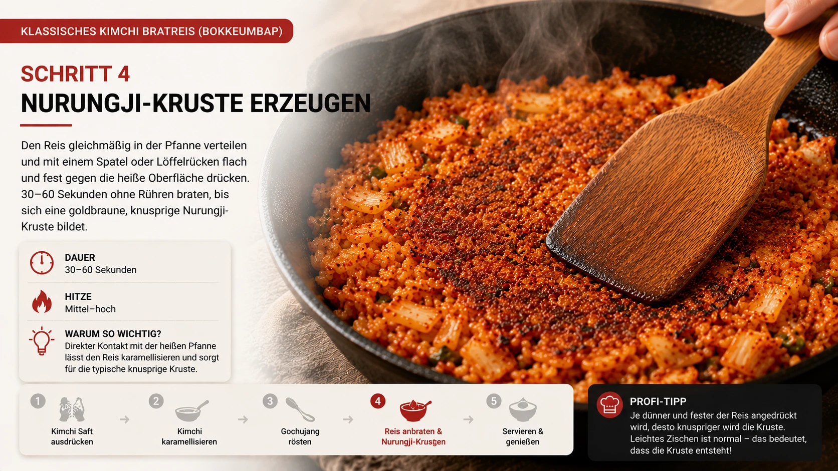 Reis wird flach gegen die heiße Gusseisenpfanne gedrückt, um die karamellisierte Nurungji-Kruste zu erzeugen — Schritt 4 klassisches Kimchi Bokkeumbap