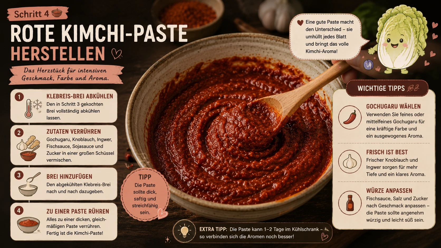 Dicke rote Kimchi-Paste wird mit einem Löffel in einer großen Schüssel verrührt