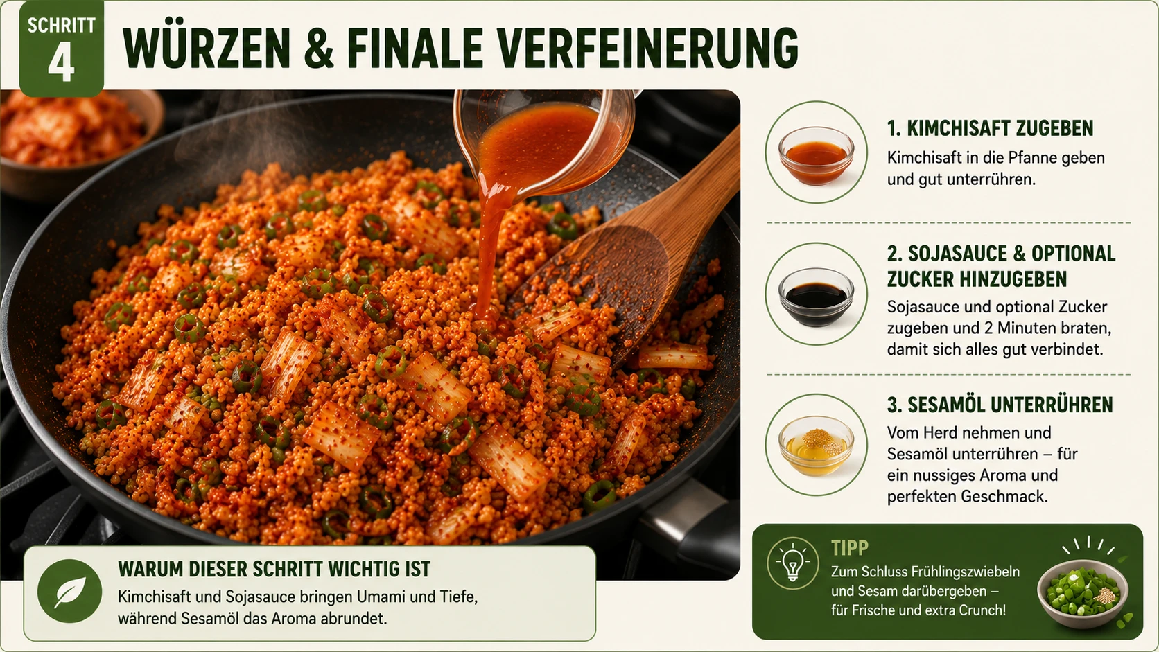 Kimchisaft und Sojasauce werden in den Blumenkohl-Bratreis eingerührt