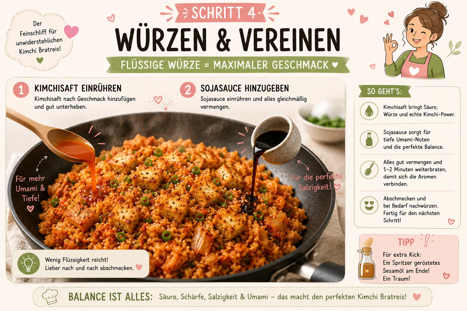 Kimchisaft und Sojasauce werden in das vegane Kimchi Bratreis eingerührt