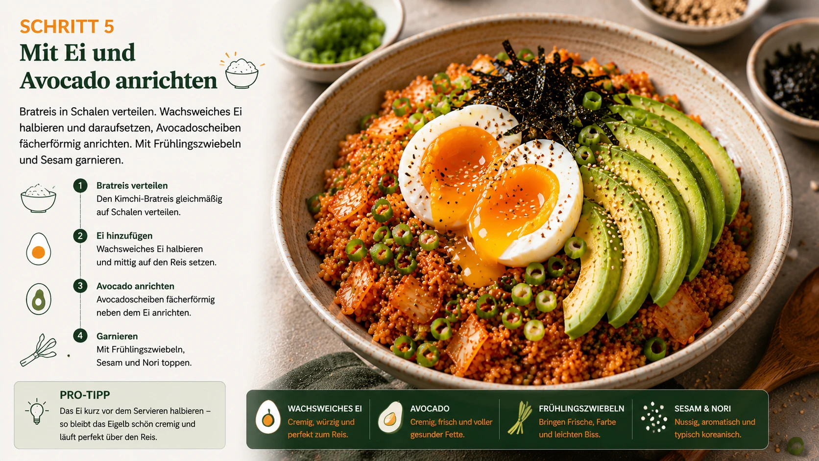 Kimchi-Frühstücksschale mit wachsweichem Ei und Avocadoscheiben angerichtet