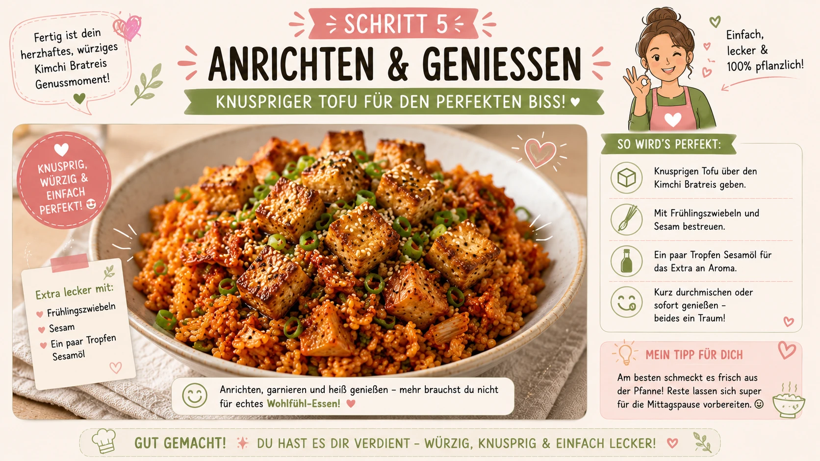 Veganes Kimchi Bratreis wird mit knusprigem Tofu angerichtet