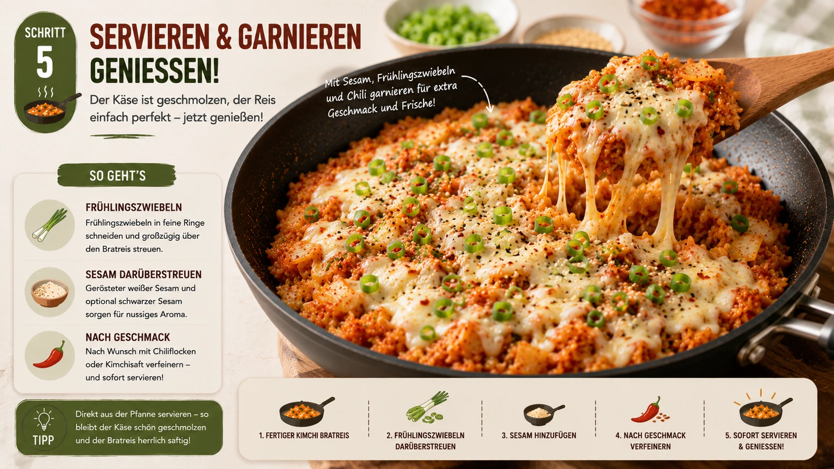 Fertiges Kimchi Bratreis mit geschmolzenem Mozzarella wird garniert