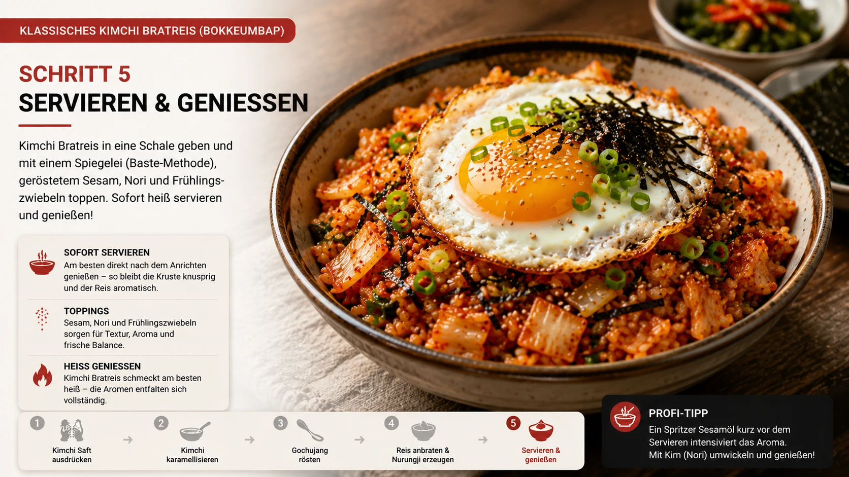 Klassisches Kimchi Bratreis in koreanischer Schale, getoppt mit baste-gebratenem Spiegelei mit flüssigem Eigelb, Sesam, Nori und Frühlingszwiebel