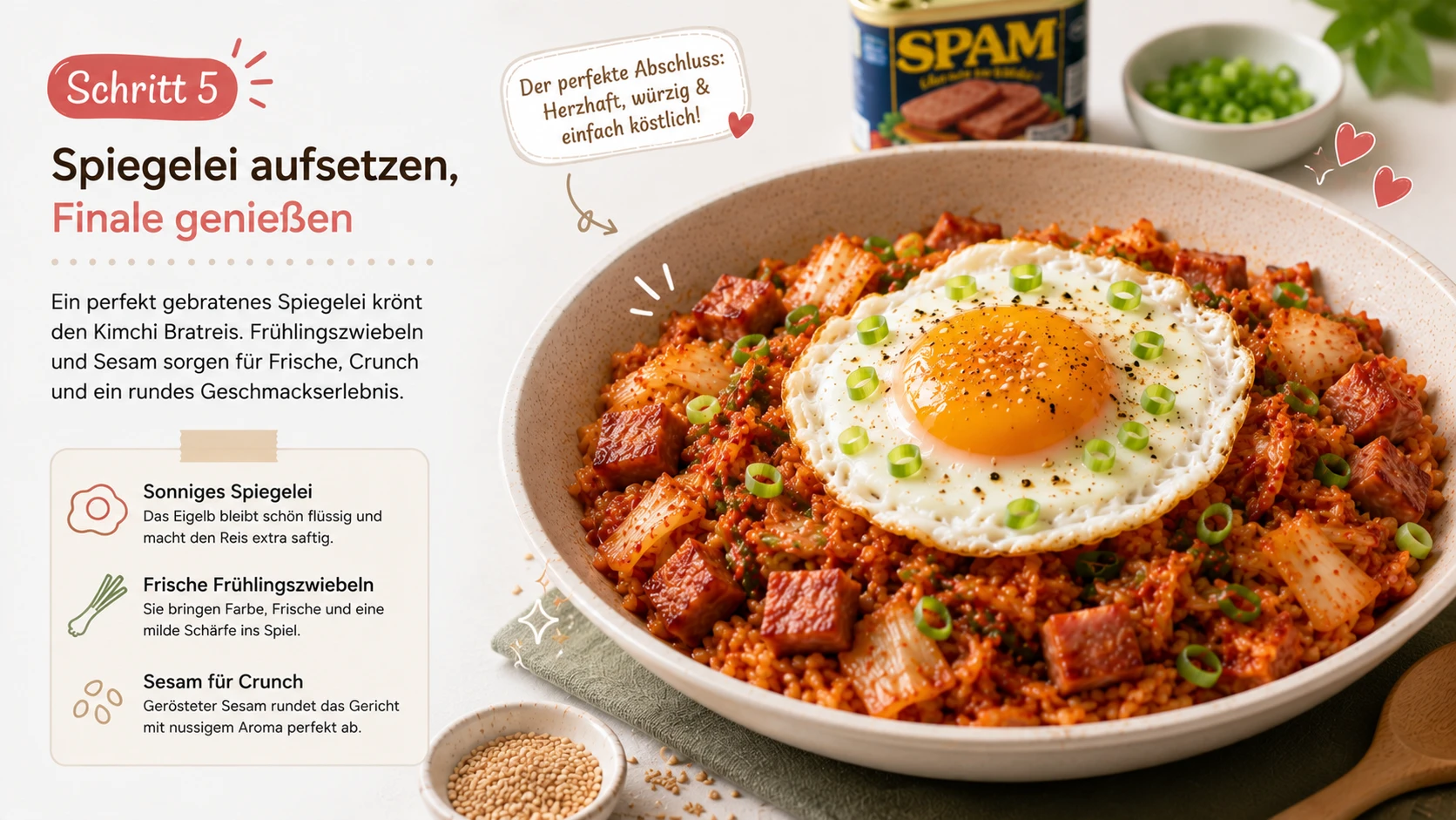Kimchi Bratreis mit Spam, getoppt mit Spiegelei, Frühlingszwiebeln und Sesam