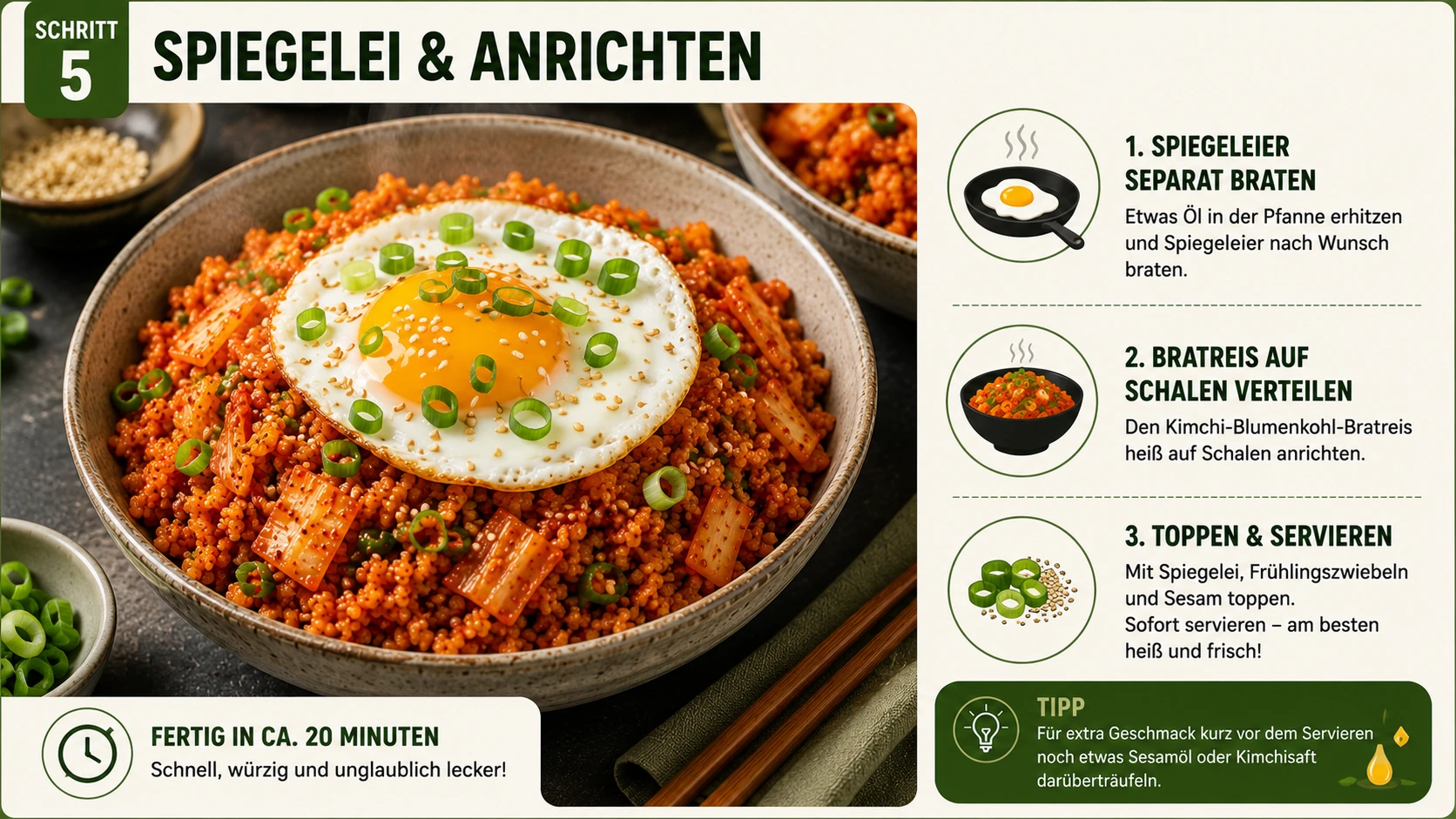 Kimchi-Blumenkohl-Bratreis mit Spiegelei und Frühlingszwiebeln angerichtet
