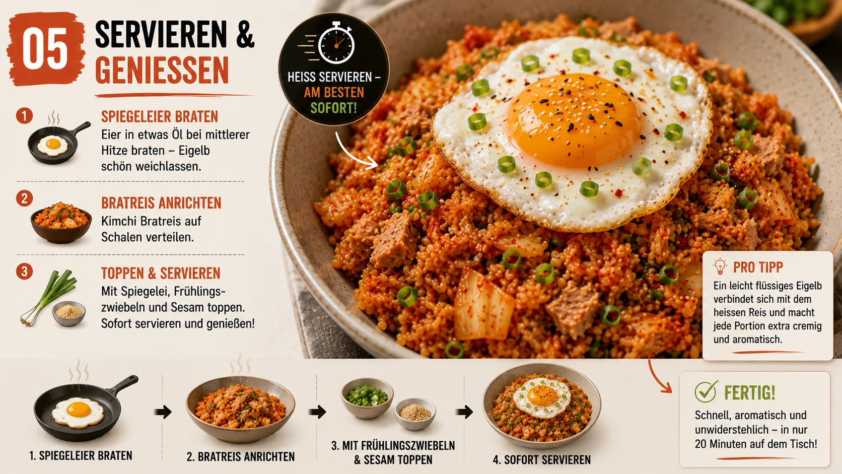 Kimchi Bratreis mit Thunfisch, getoppt mit Spiegelei und Frühlingszwiebeln