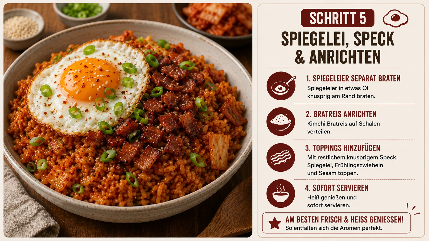 Kimchi Bratreis mit Speck, getoppt mit Spiegelei, restlichem Speck und Frühlingszwiebeln