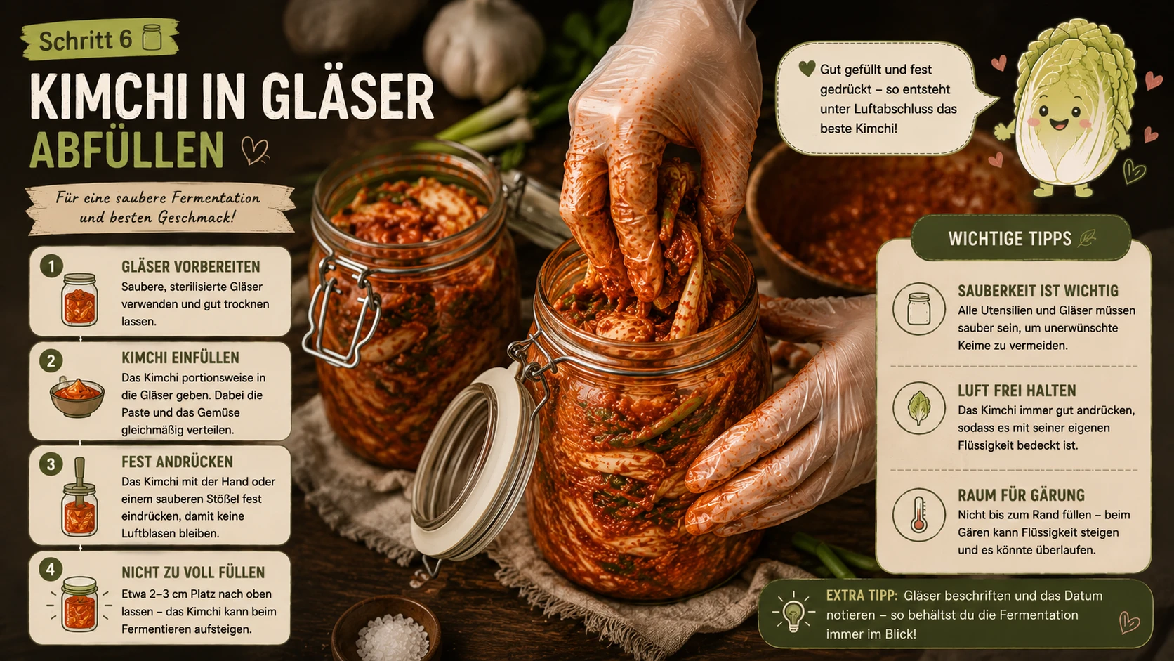 Frisch vermischtes Kimchi wird fest in saubere Gläser gefüllt
