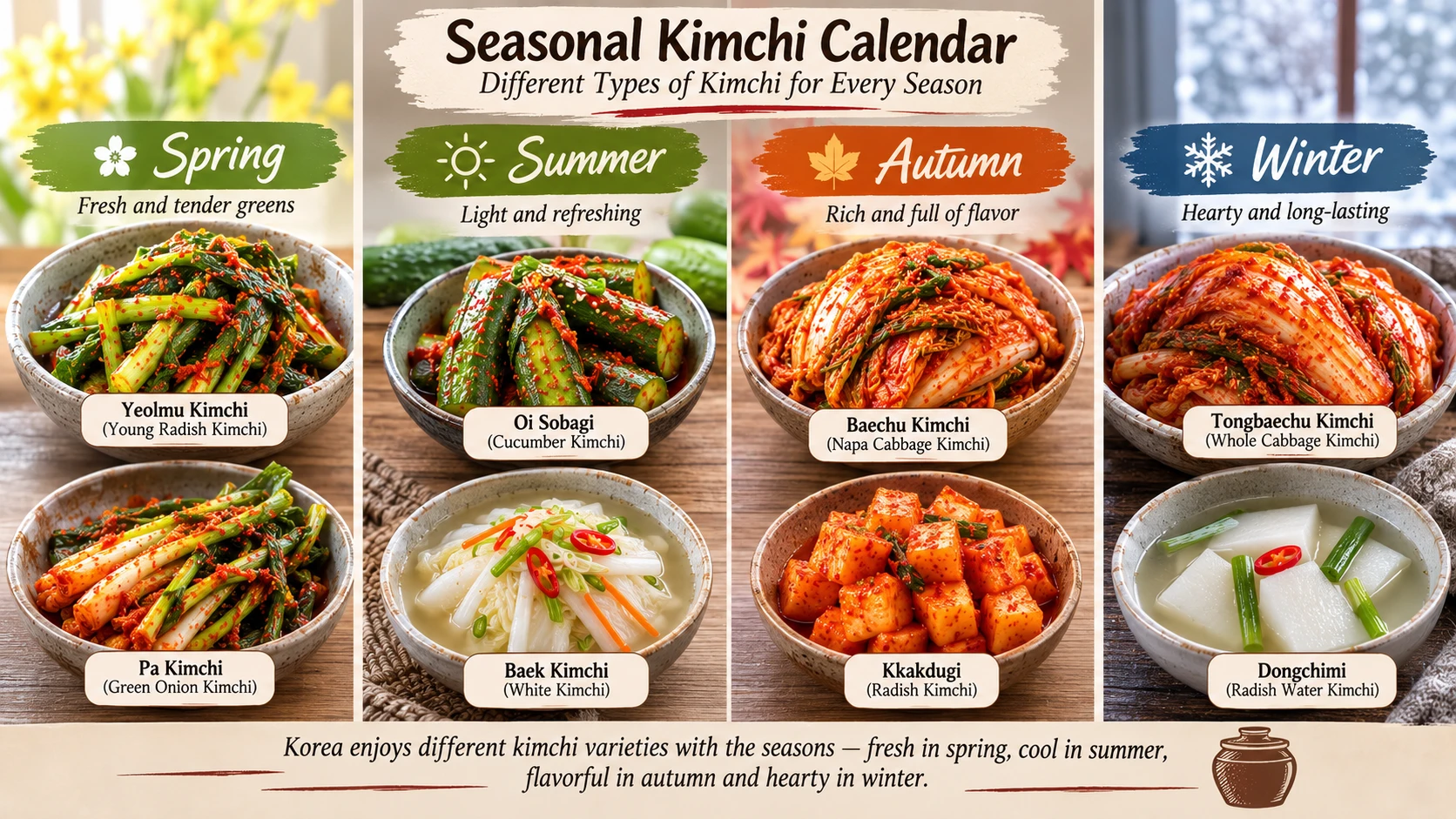 A seasonal spread showing different types of kimchi made in spring, summer, autumn, and winter